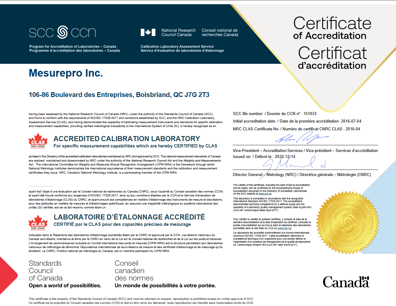 Certificat d'accréditation MesurePro